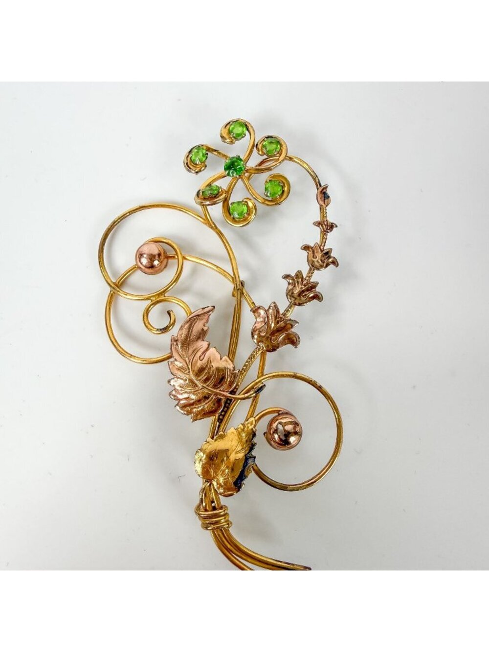 Curtman 12K Gold Filled Green Uranium Glass Rhinestones UV Glow Flower Brooch